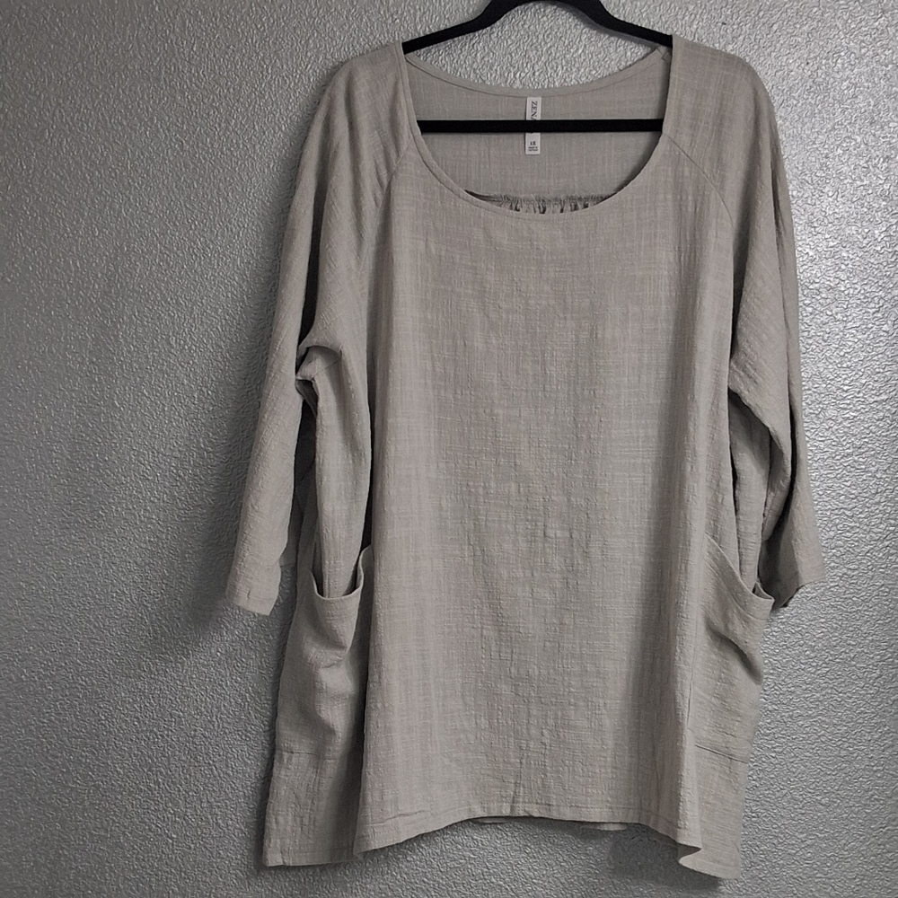 New Zanana Grey Gauze Tunic With Pockets   Size  1X